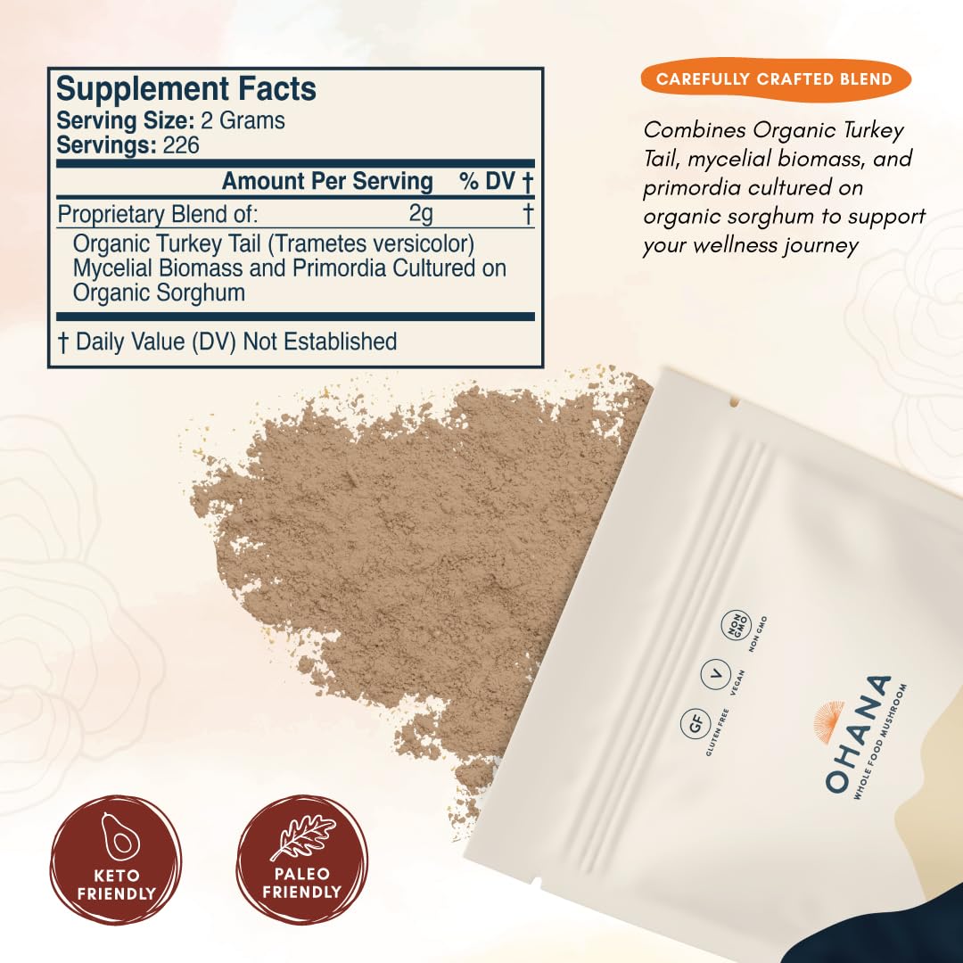 Ohana Mushrooms Turkey Tail Organic Mushrooms Powder Blend, 16 oz