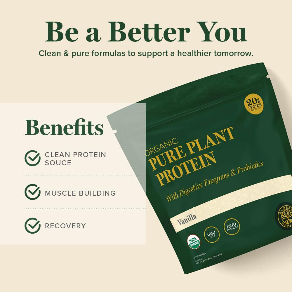 Global Healing Center Organic Plant Vanilla Protein Powder, 1.66 Pound