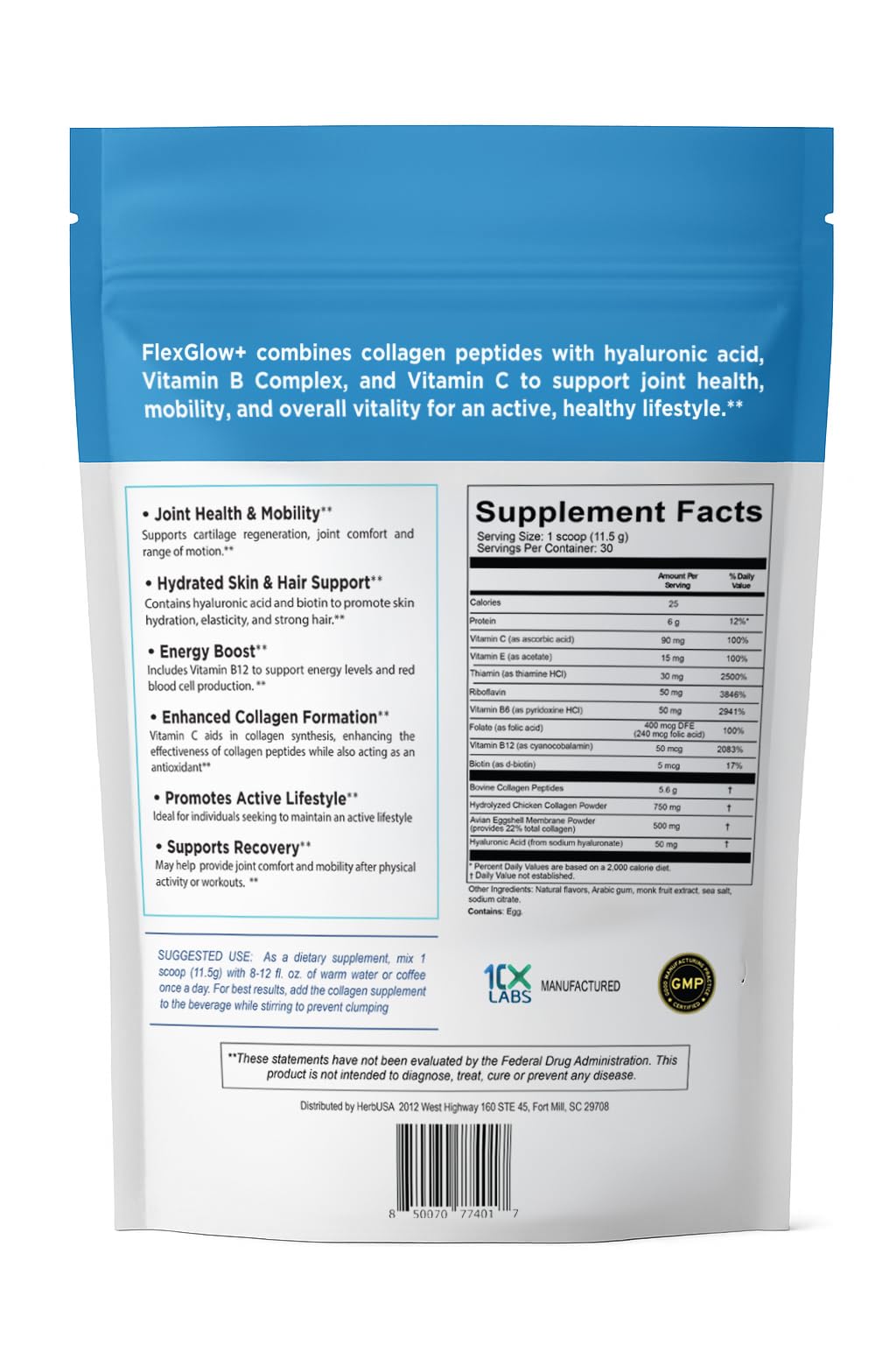 HerbUSA FlexGlow+ Collagen Peptides – Broad Spectrum (I, II, III, V, X) – 6,900mg – Hyaluronic Acid, Biotin & Vitamin C – Hair, Skin & Joint Support Powder, 12.17 oz