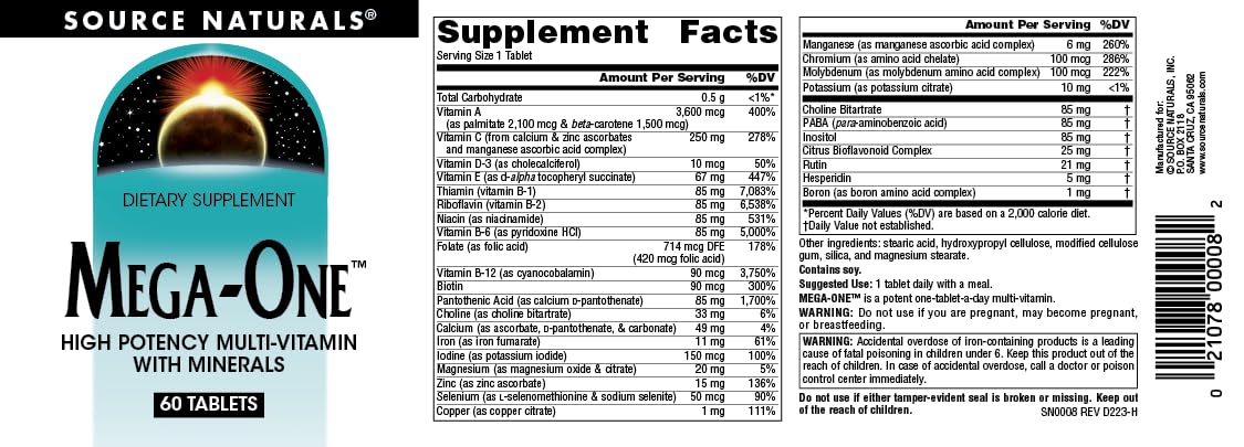 Source Naturals Mega-One Multi-Vitamin with Minerals, 60 Tablets