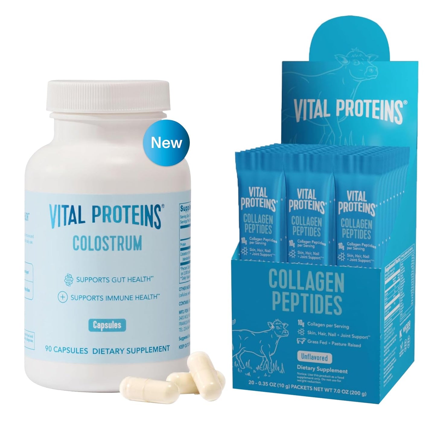 Vital Proteins Collagen Peptides Powder Travel Packs (20 Count per Box) and Vital Proteins Bovine Colostrum Supplement 90 Capsules