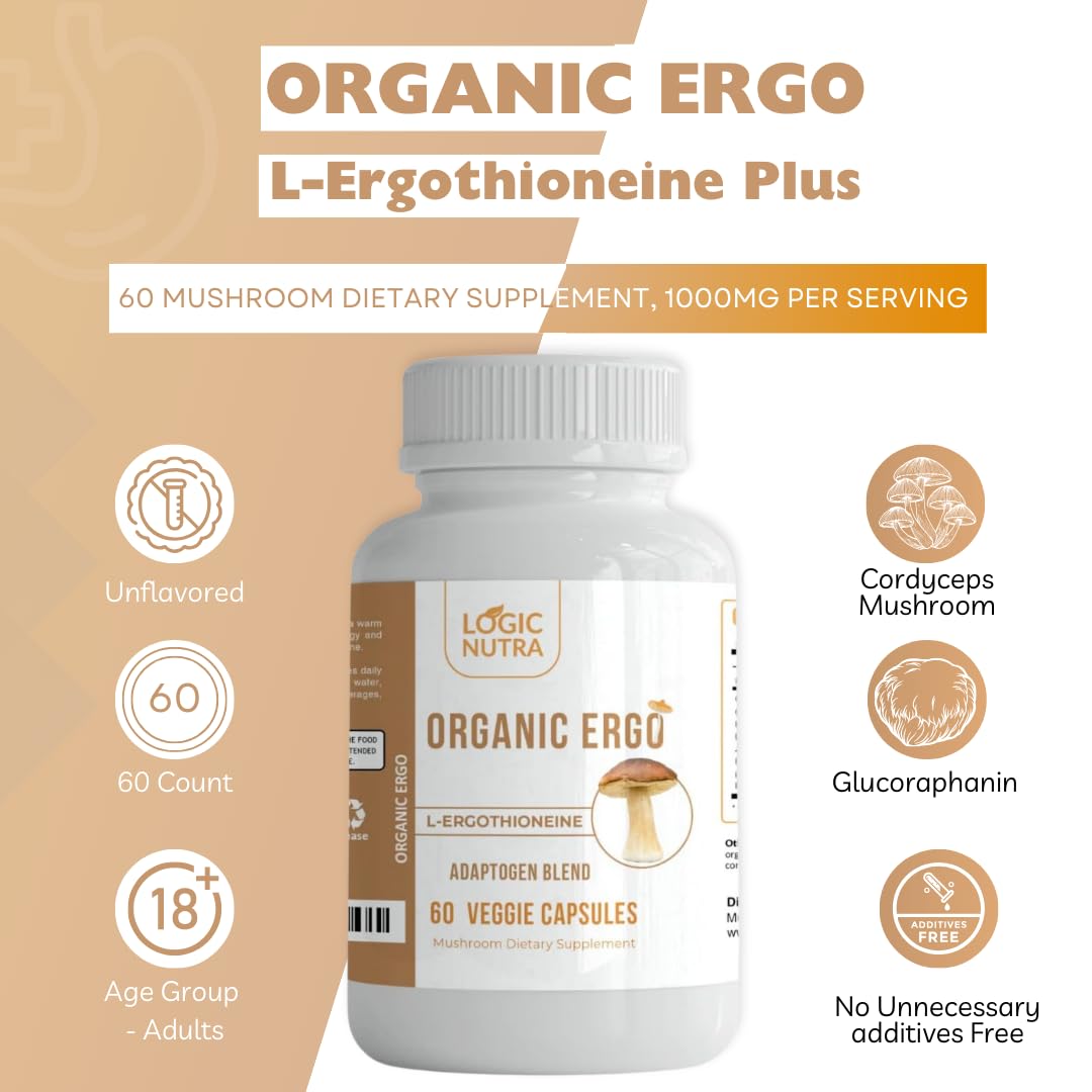 Logic Nutra L-Ergothioneine Plus Organic Blend of Cordyceps Mushroom, Lion’s Mane, Reishi, Astragalus, Siberian Ginseng, Ashwagandha Capsules, 60 Count