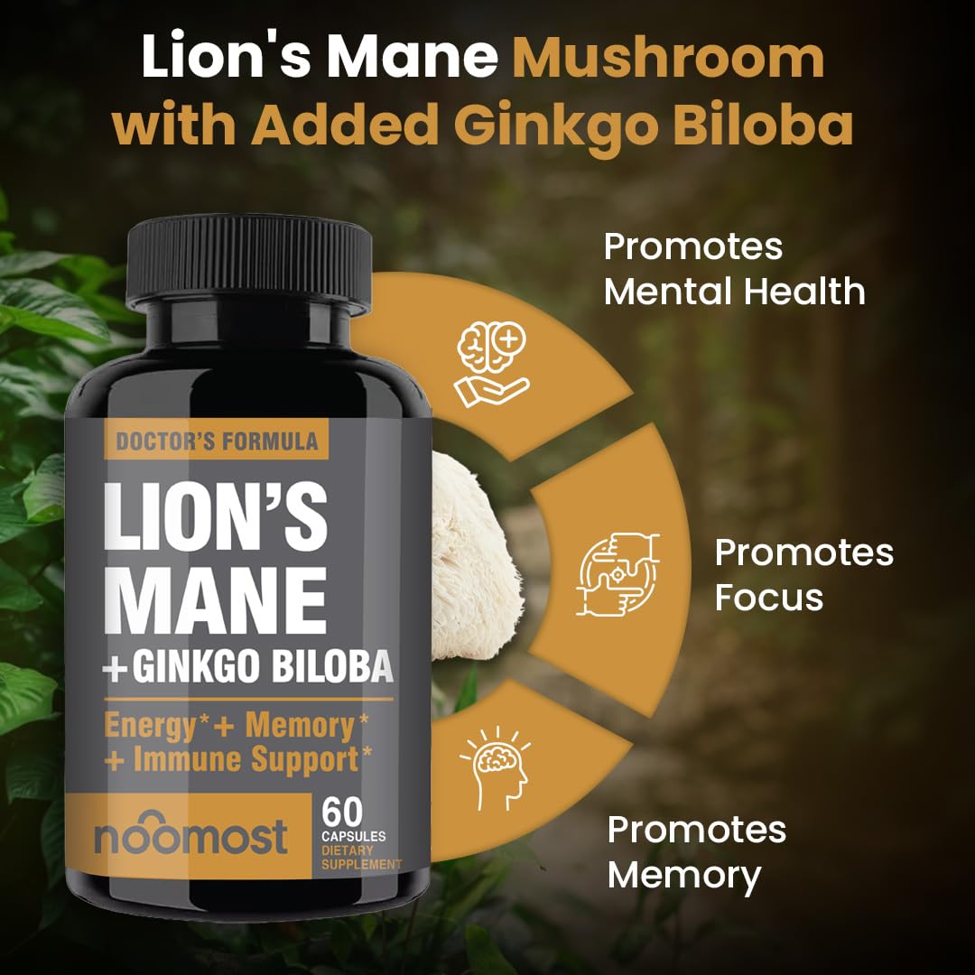 NooMost Lions Mane Supplement Organic Capsules with Ginkgo Biloba, 60 Count