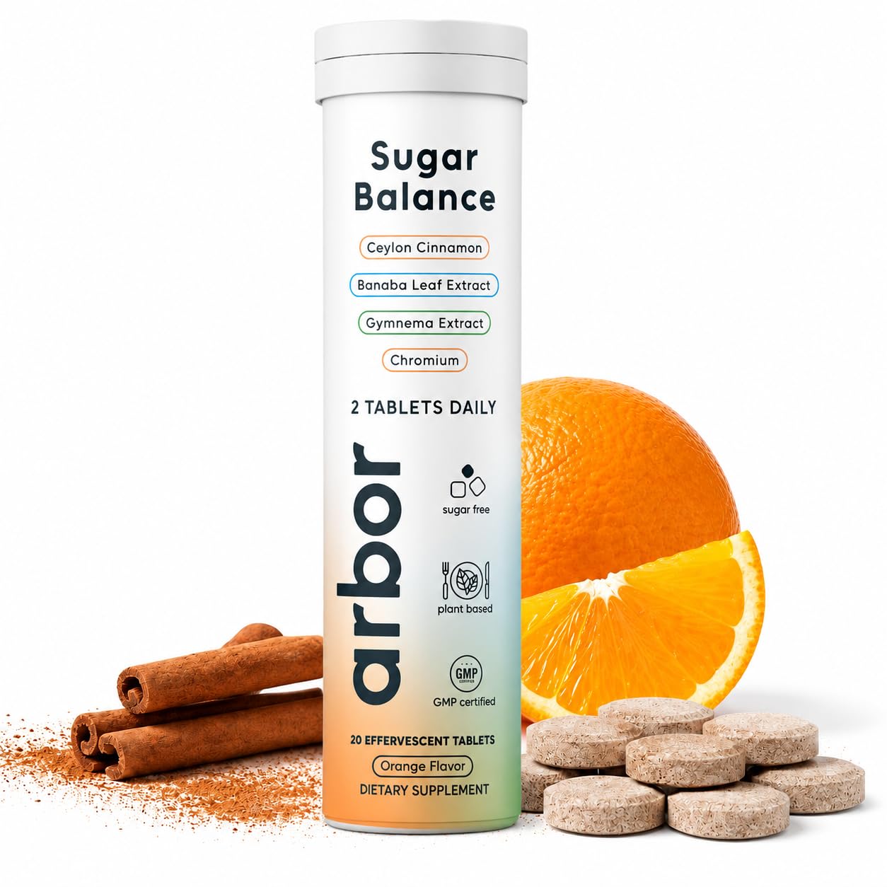 ARBOR ELEMENTS Sugar Balance Tablets – Plant-Based Herbal Supplement with Gymnema Sylvestre, Ceylon Cinnamon, Banaba Leaf & Chromium – Sugar-Free Orange Flavor, 20 Tablets