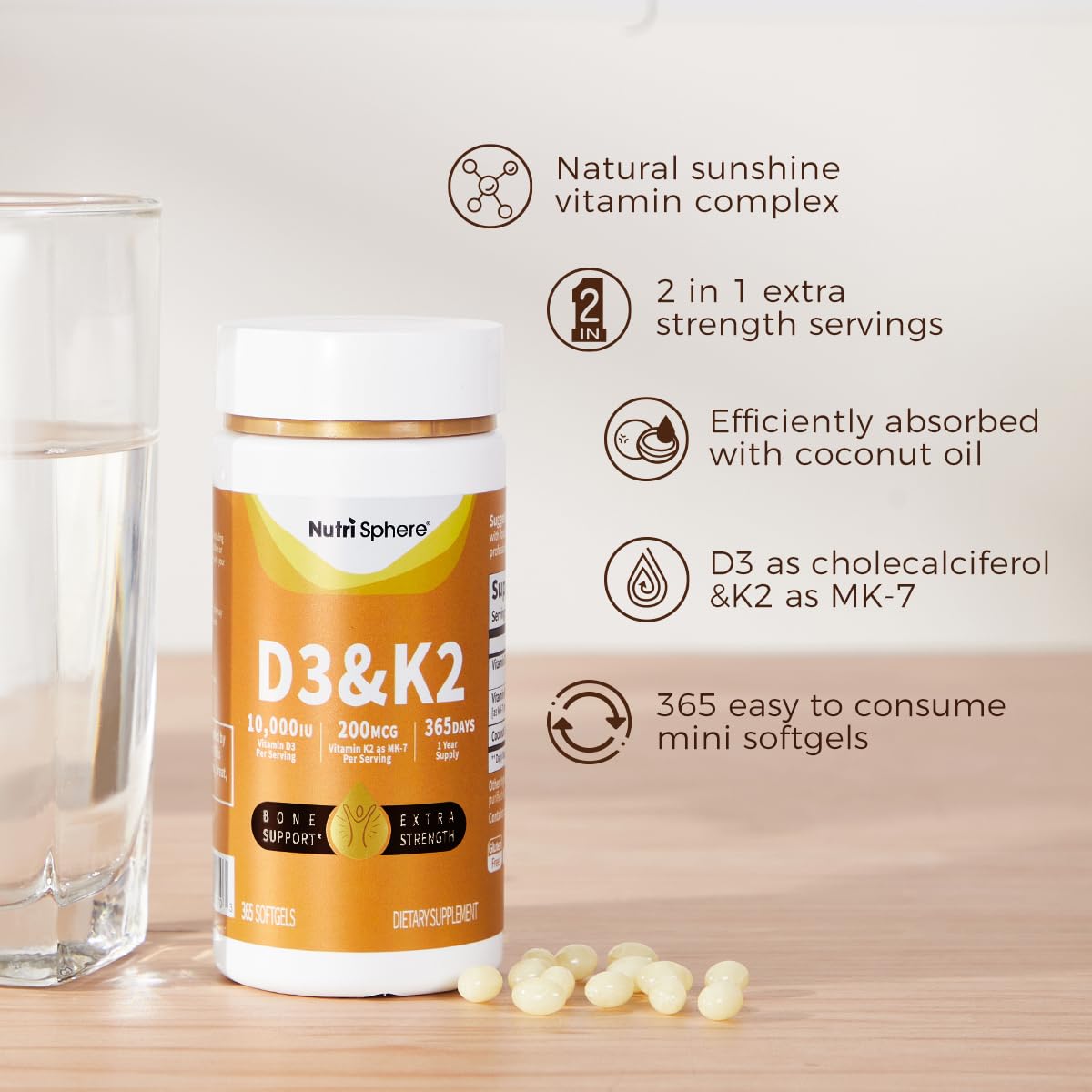 NutriShpere Vitamin D3 & K2 (MK-7) - 10,000 IU + 200 mcg, 365 Softgels