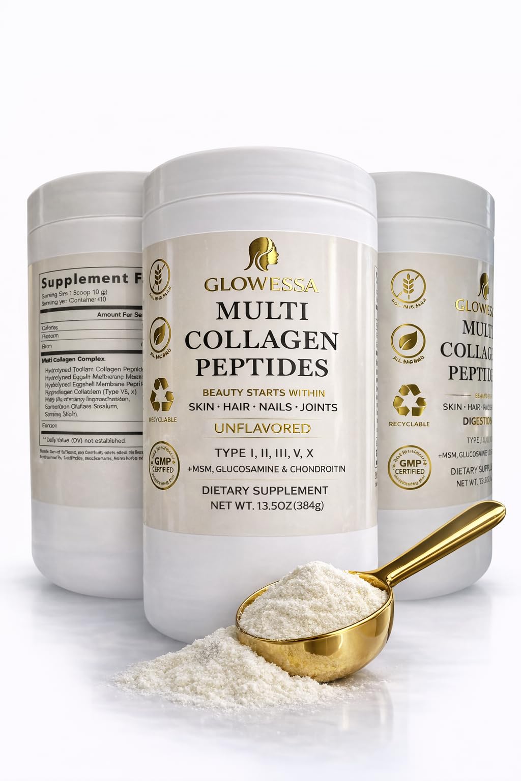 Glowessa Multi Collagen Peptides Powder – Types I, II, III, V & X – Hydrolyzed Collagen Supplement for Hair, Skin, Nails & Joint Support – Unflavored Daily Collagen for Women & Men, 13.55 oz