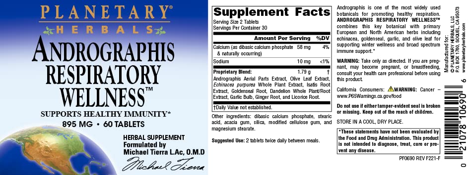 Planetary Herbals Andrographis Respiratory Wellness Nutritional Supplement Tablets, 60 Count