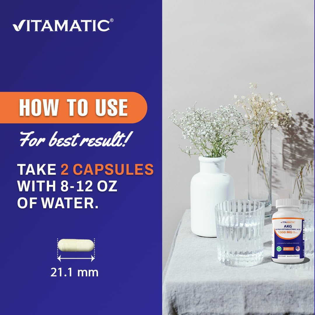 Vitamatic Alpha-Ketoglutaric Acid (AKG) 1000 mg Capsules, 240 Count