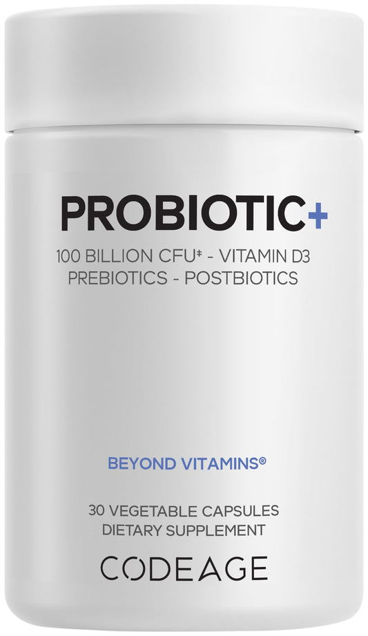 Codeage Probiotic+ 100 Billion CFU Supplement - 12-Strain Probiotic Blend, Organic Prebiotic Fiber, Postbiotics, Vitamin D3, Zinc Bisglycinate, Quercetin - for Men & Women - Non-GMO - 30 Capsules