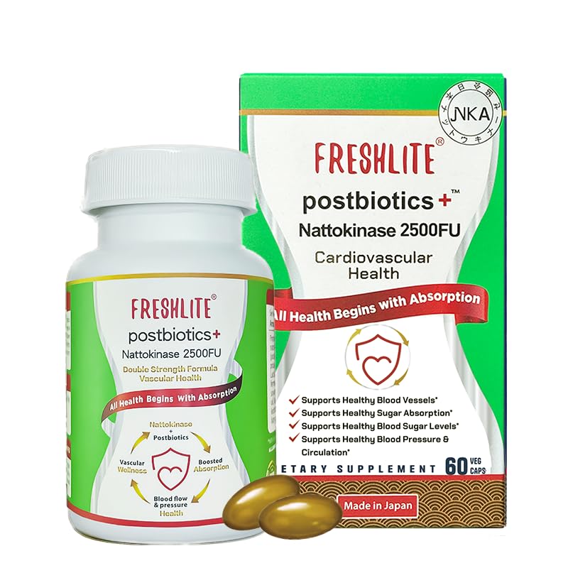 FRESHLITE Blood Pressure, Sugar Levels & Cardio Health Nattokinase 2500FU + Natural Postbiotics Capsule, 60 Count