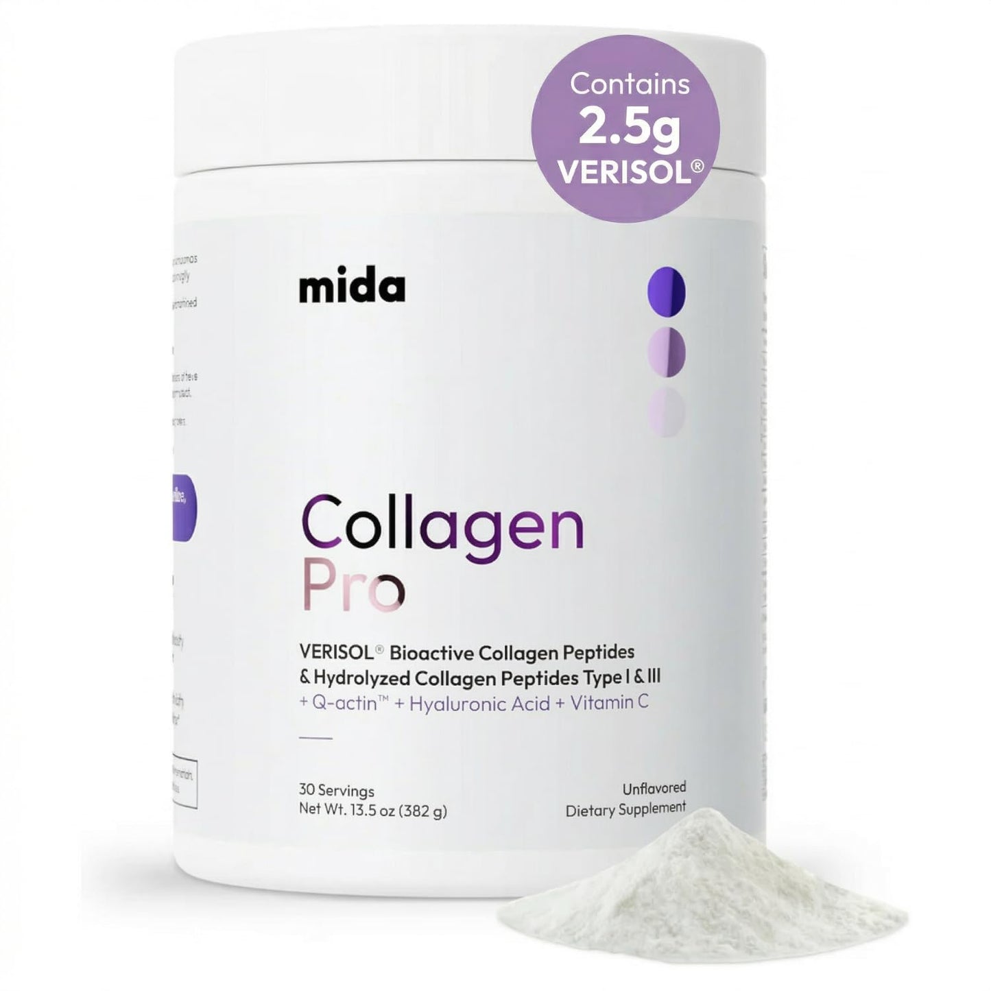 Mida Health VERISOL Hydrolyzed Collagen Peptides Type I & III with Vitamin C, Hyaluronic Acid, Biotin, Q-ACTIN Unflavored Powder, 13.5 Ounce