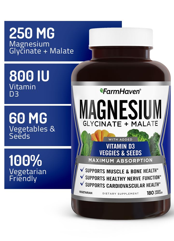FarmHaven Magnesium Complex Glycinate/Malate & Vitamin D3 Capsules, 180 Count