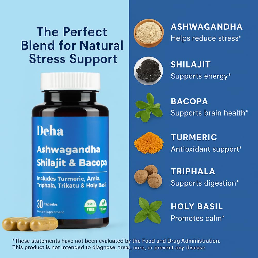 Deha Ashwagandha Shilajit Bacopa Capsules, 30 Count