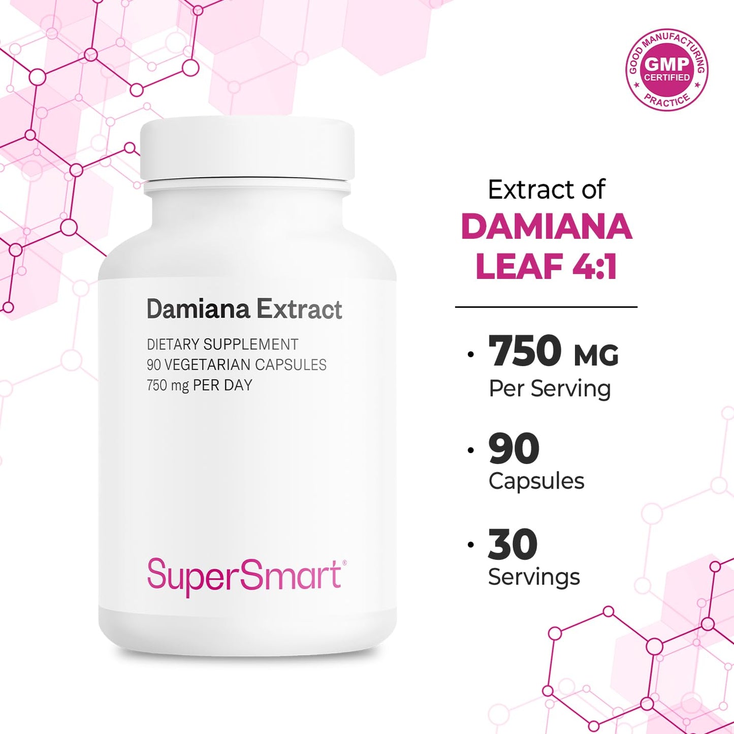 Supersmart Damiana Extract 750mg Capsules, 90 Count