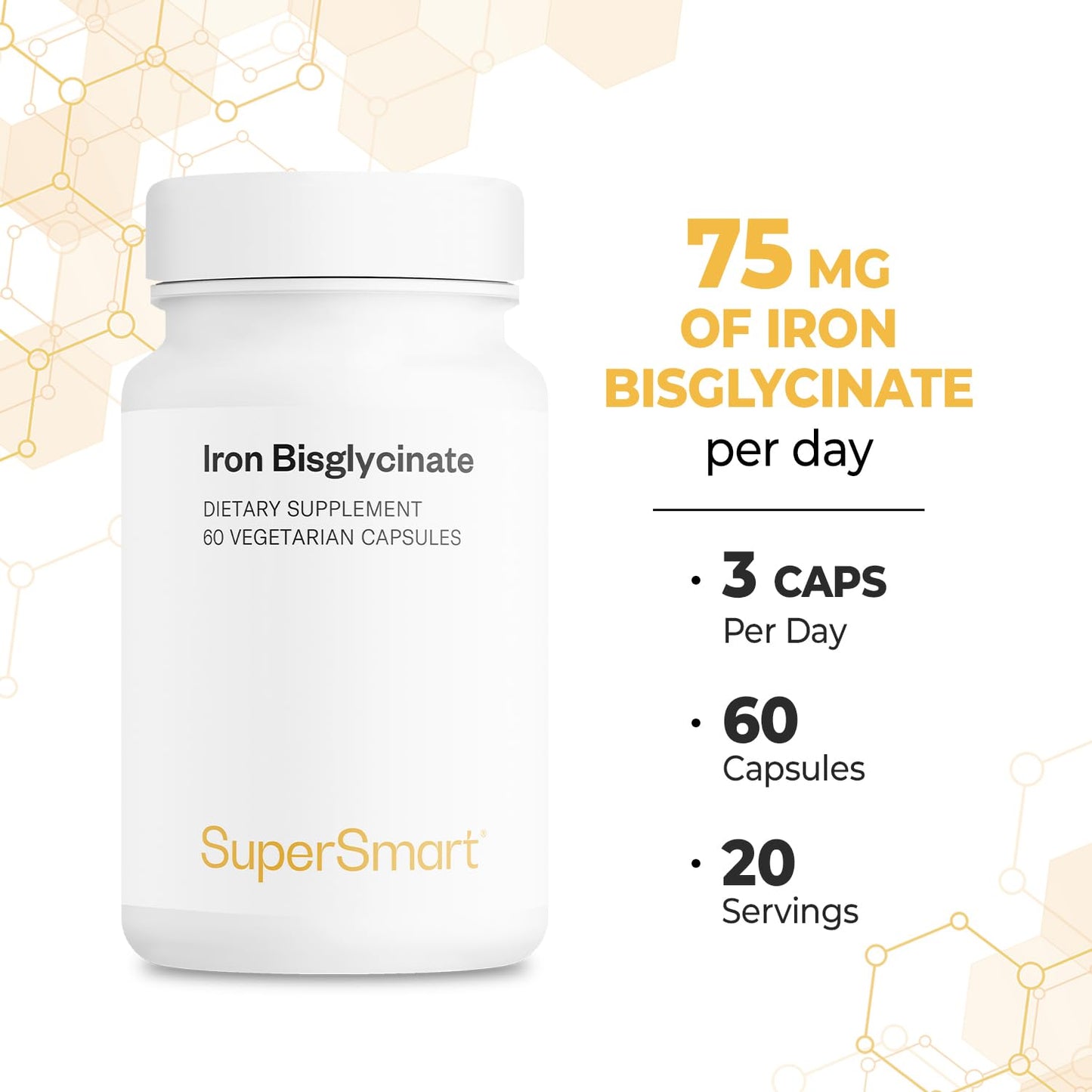 Supersmart Iron Bisglycinate Supplement 75mg per Day (Highly Absorbable) Gentle Iron, 60 Capsules