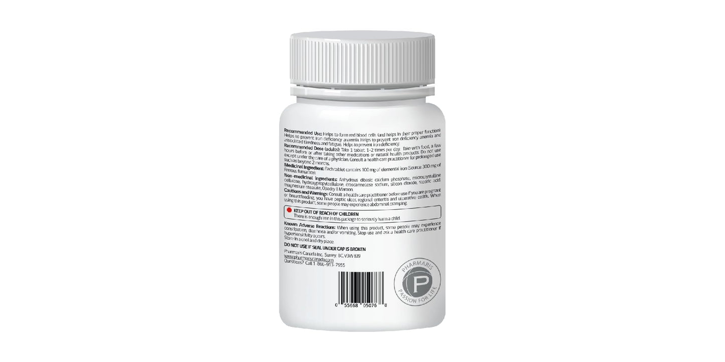 Pharmaris Ferofit - Ferrous Fumarate 300mg (100mg Elemental Iron), Iron Supplement for Women & Men, 500 Tablets