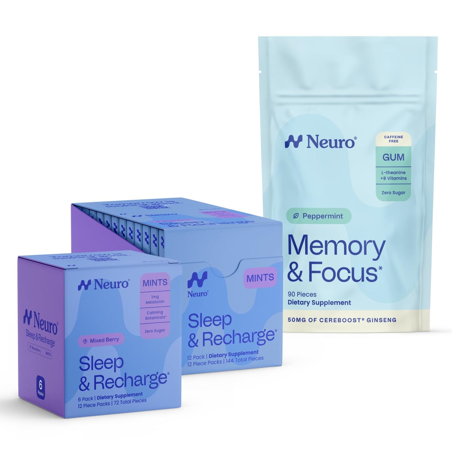 Neuro Sleep & Memory Support Bundle – Memory & Focus Nootropic Gum (90) and Sleep & Recharge Melatonin Mints Chamomile (72), 174