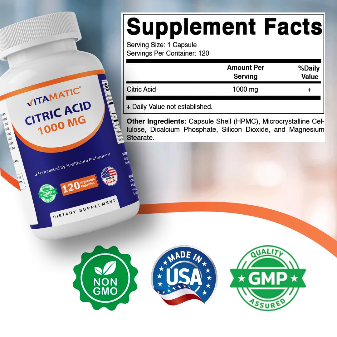 Vitamatic Citric Acid 1000 mg Vegetable Capsules, 120 Count, Non-GMO, Gluten Free, Made in USA