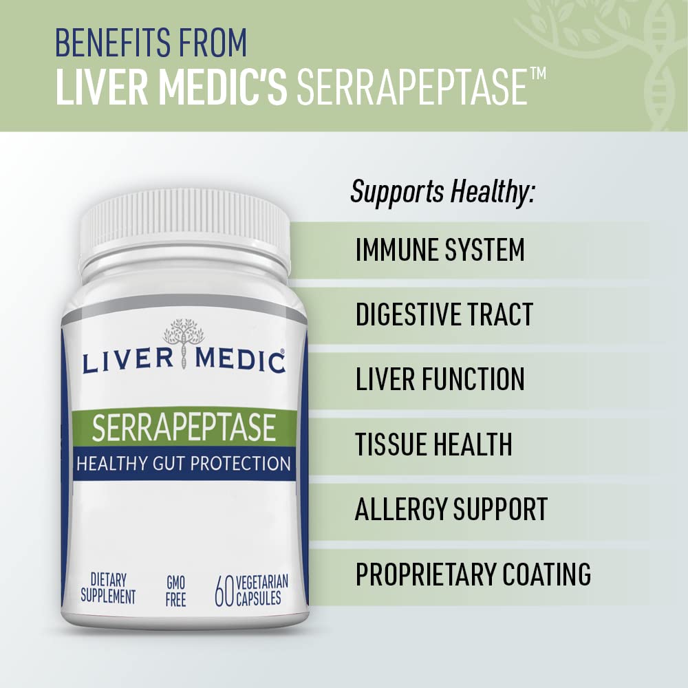 Liver Medic Serrapeptase Pure Digestive Proteolytic Enzymes Enteric Coated Capsules, 60 Count