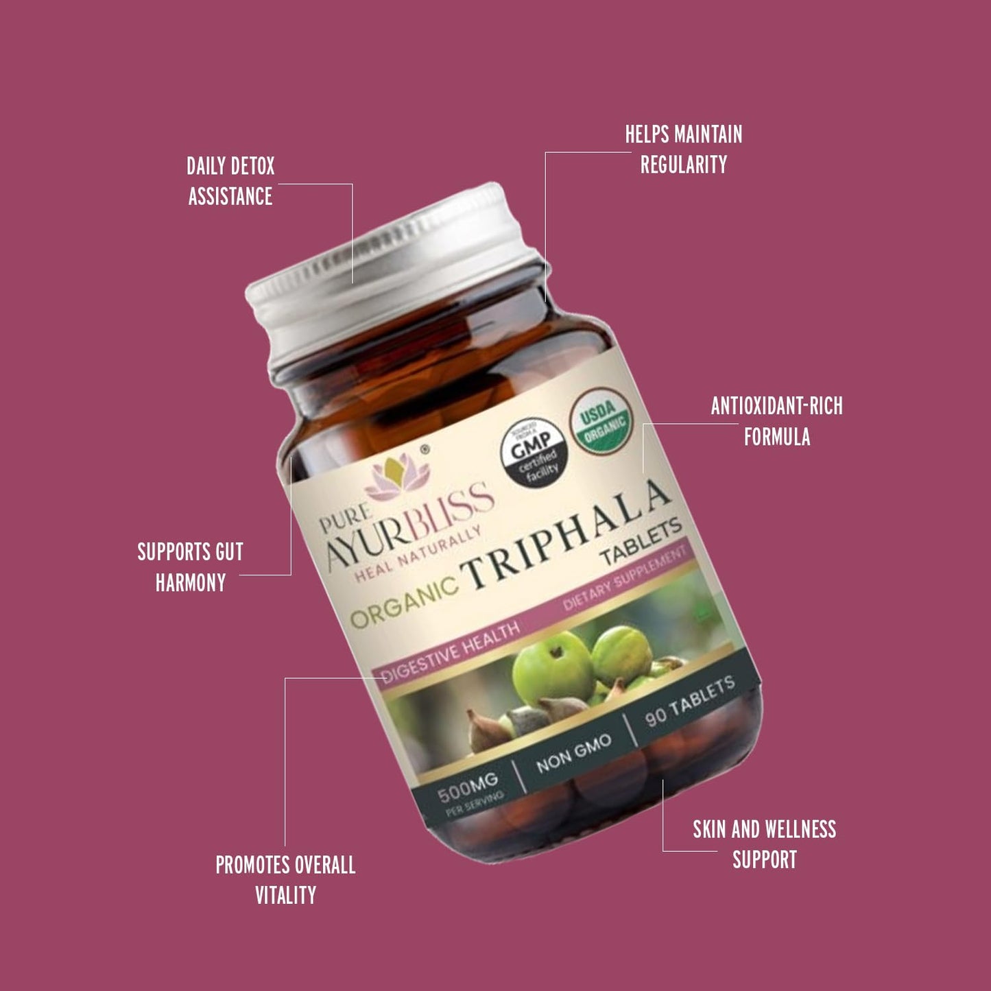 PureAyurbliss Triphala Tablets, 500mg, 90 Count