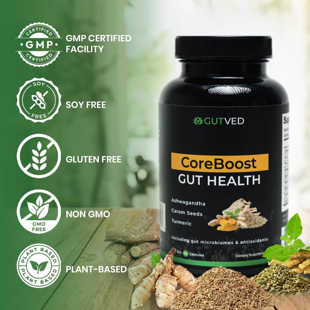 GUTVED Bloating & Gas Relief Probiotic for Women & Men 9-in-1 Gut & Digestive Support with Probiotics, Prebiotic Inulin, Turmeric, Ginger & Fennel 60 Capsules