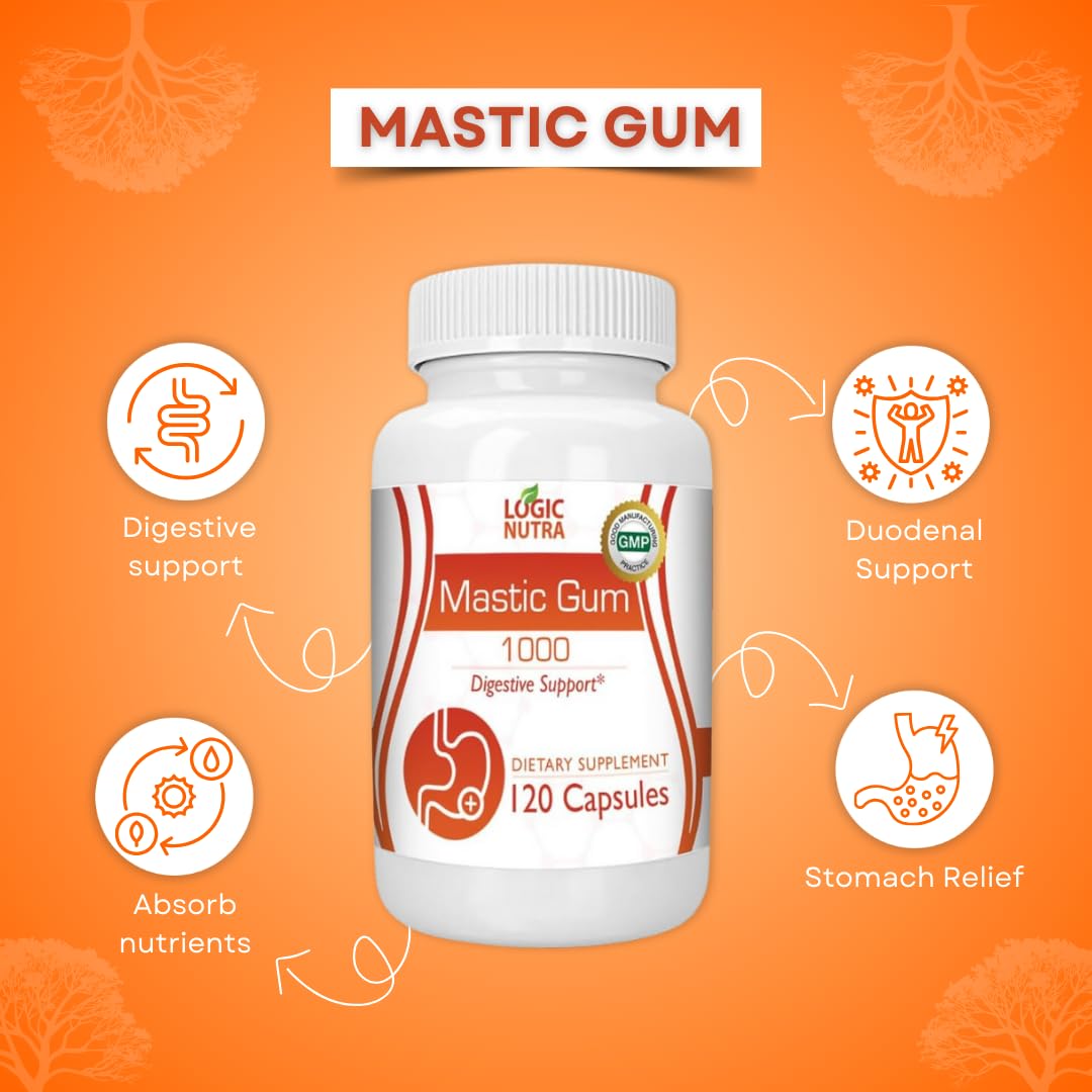 Logic Nutra Mastic Gum Capsules 1000mg Per Serving, Natural Gastrointestinal Support Supplement, 120 Capsules