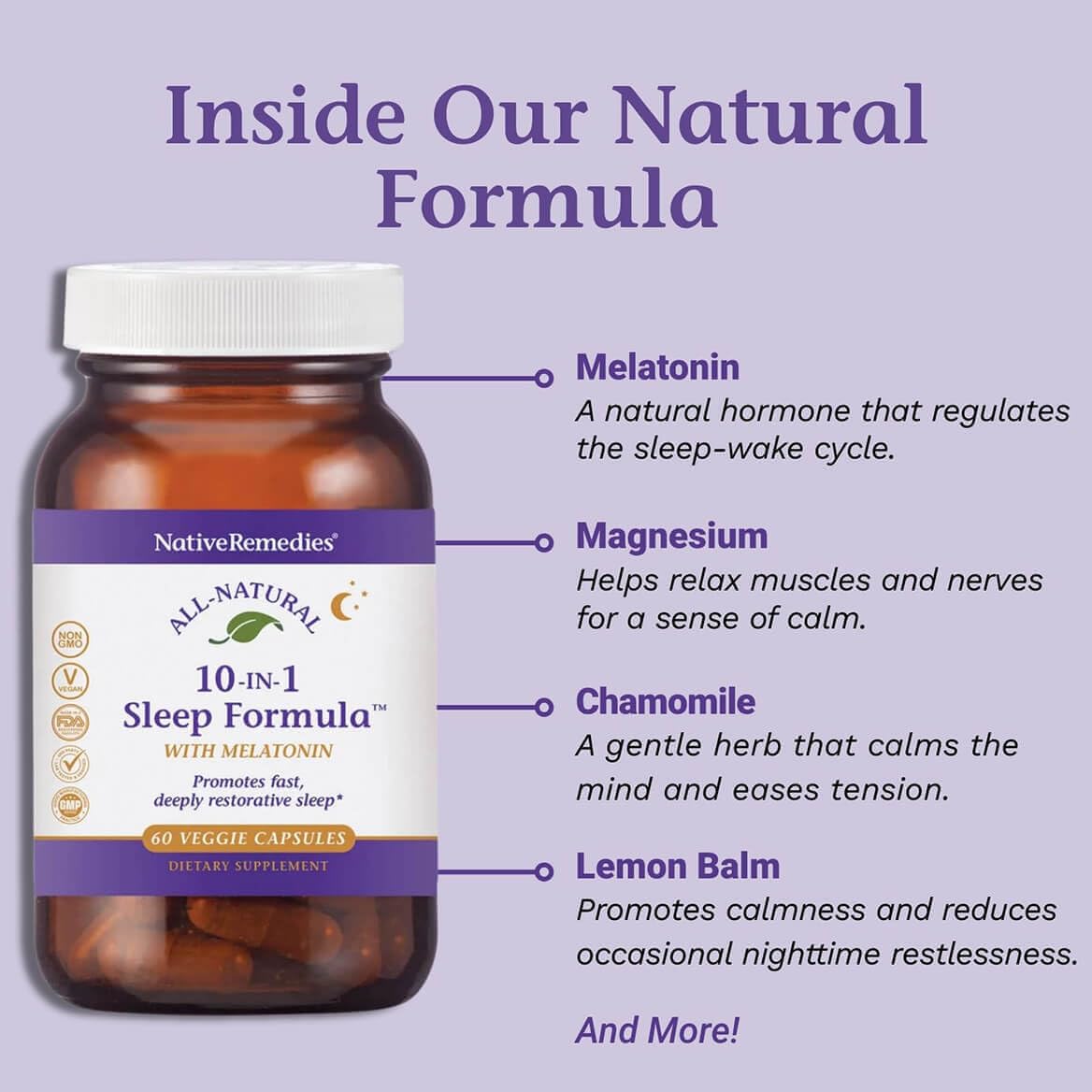 Native Remedies 10-in-1 Natural Sleep Aid for Adults & Kids 4+ - Herbal Capsule, 60 Count