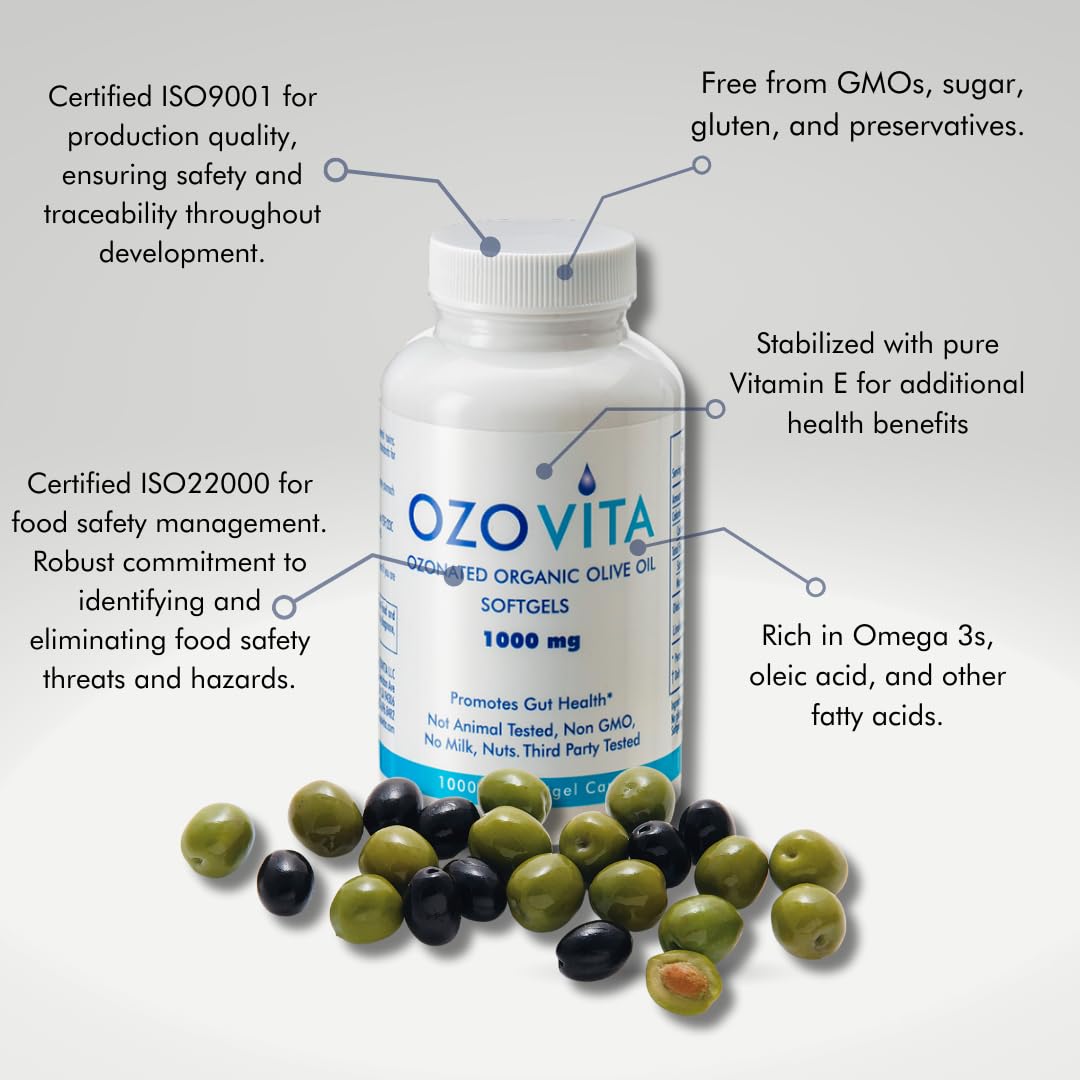 OZOVITA Ozonated Olive Oil Capsules 1000mg Organic EVOO, 60 Capsules