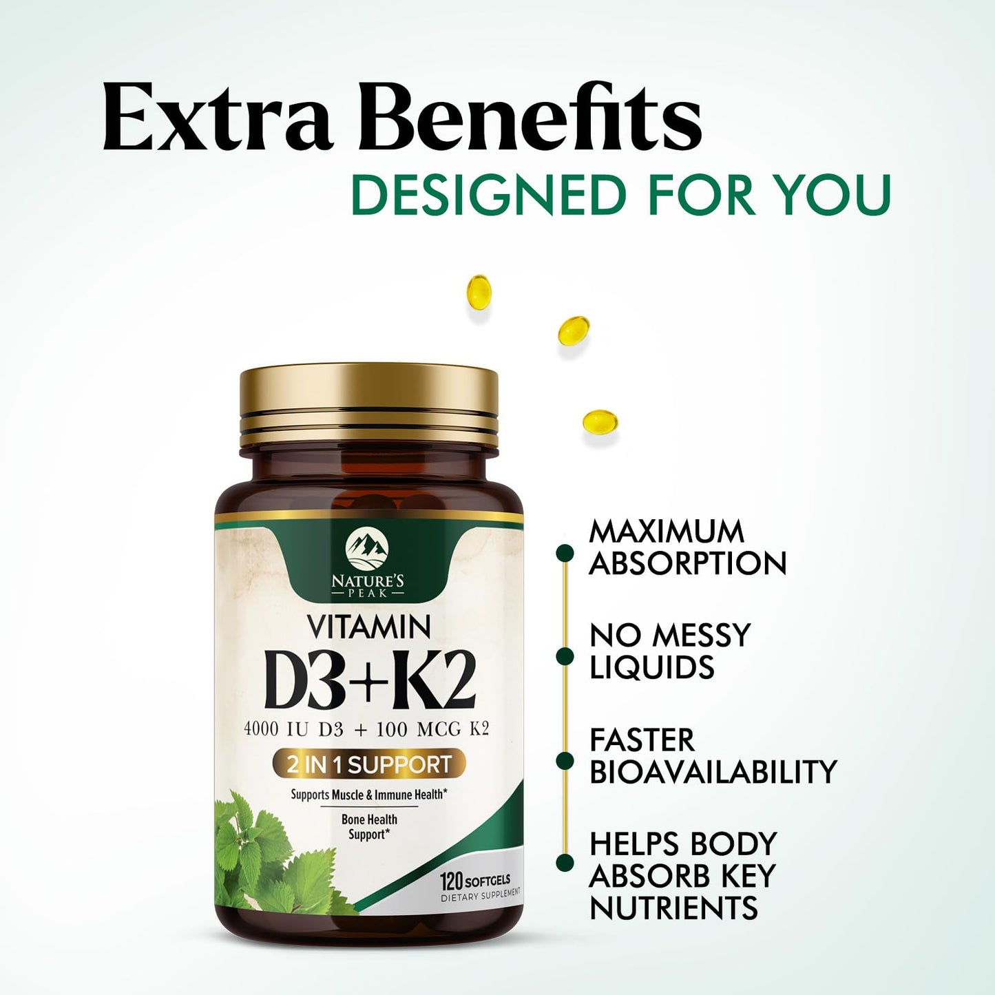 Nature's Peak Vitamin D3 K2 High Potency Vitamin D3 + K2 2-in-1 Complex Vitamin D & K2 (MK7) Supplement Softgels 120