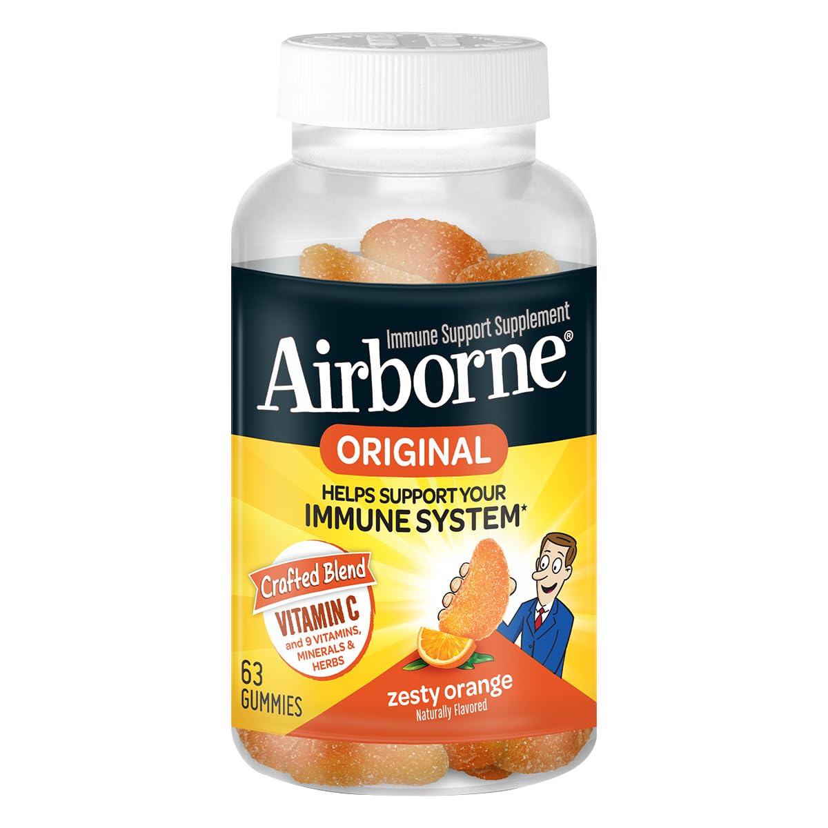 Airborne Vitamin C Immune Support Gummies, 750mg, Zesty Orange Flavor, Gluten Free, 63 Gummies