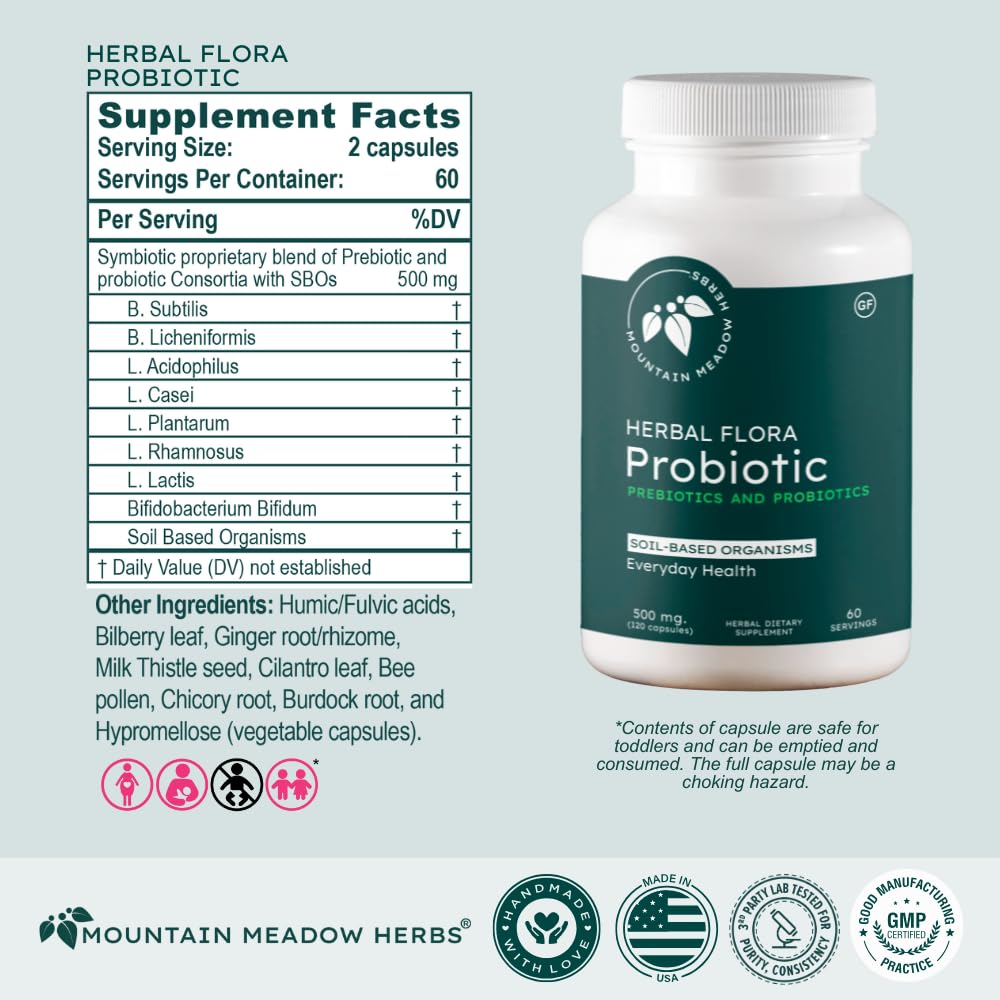 Mountain Meadow Herbs Herbal Flora Probiotics and Prebiotics: Soil-Based Probiotic, 120 Capsules