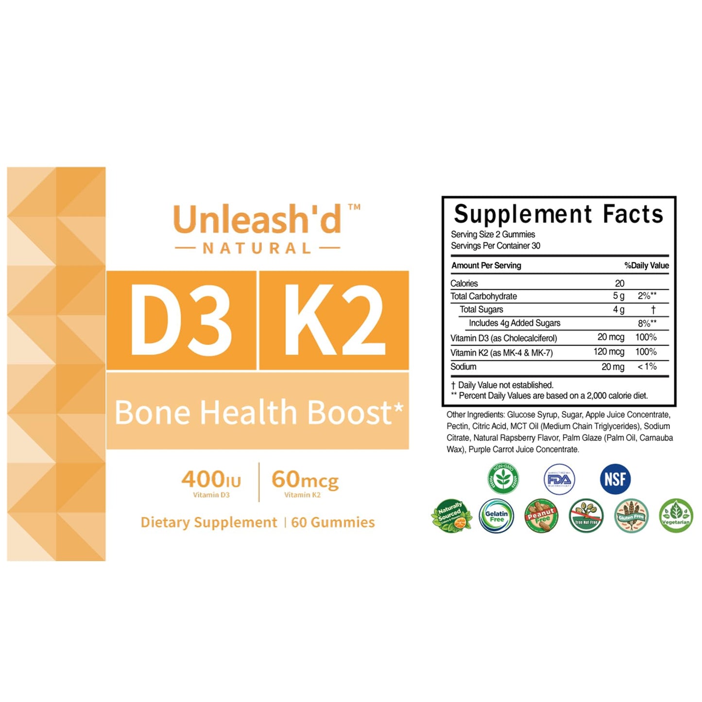 UNLEASH'D ORGANIC Vitamin D3 K2 Gummies 60 Count