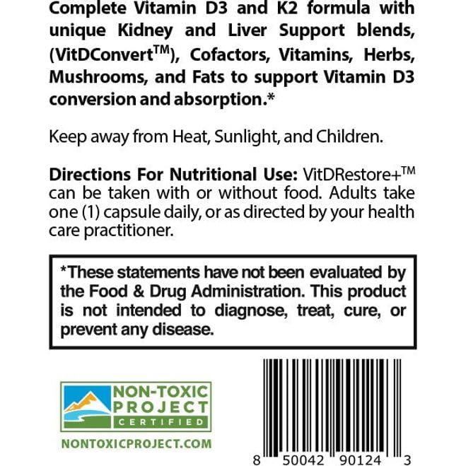 True Cellular Formulas VITDRestore+ Vitamin D3 + K2 with Liver and Kidney Support Capsule, 60 Count
