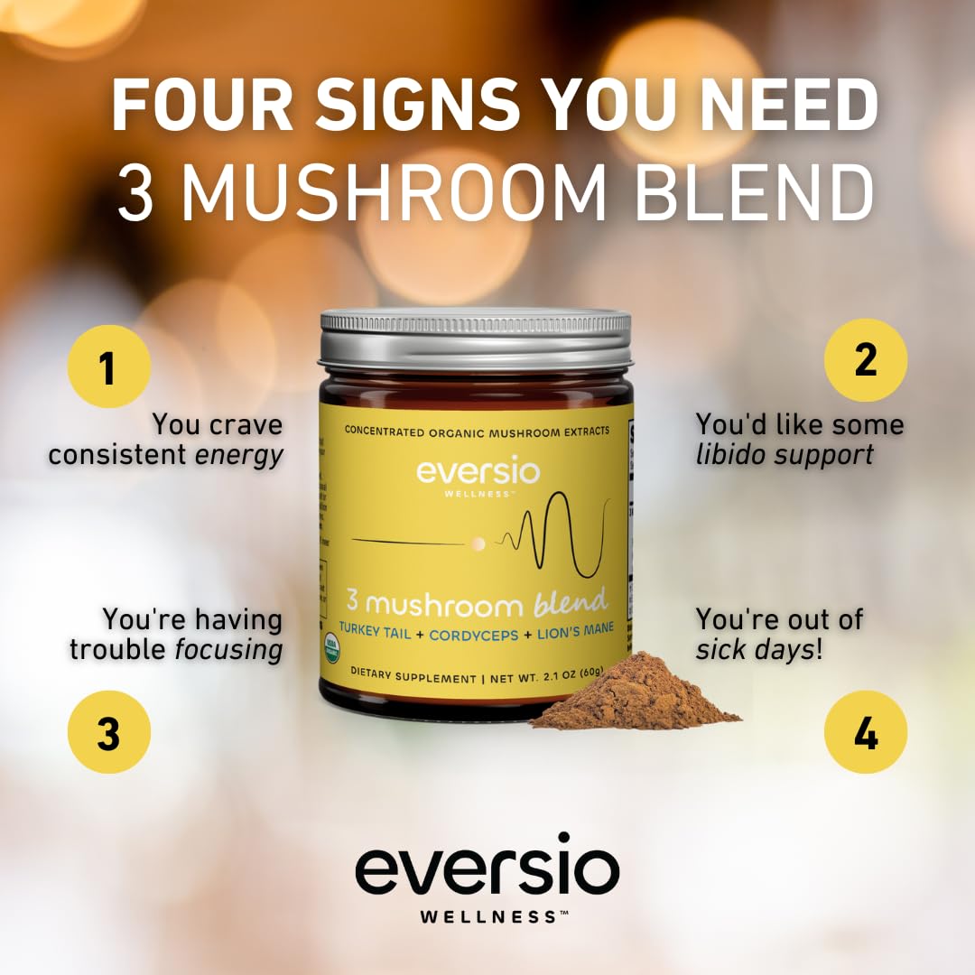 Eversio Wellness Organic 3 Mushroom Blend Complex Powder – Lion’s Mane, Cordyceps & Turkey Tail Fruiting Body Extract – Daily Wellness & Energy Support – 60 Servings (60g)