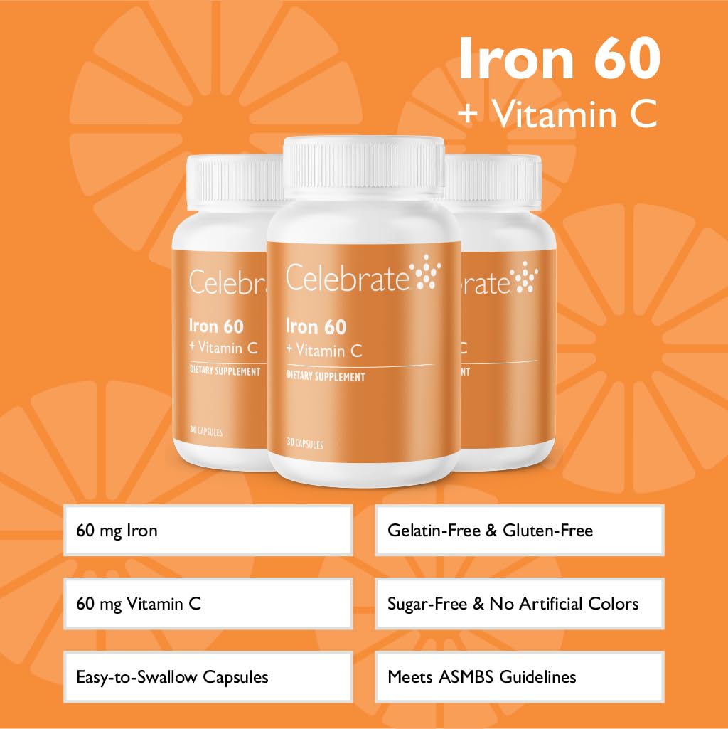 Celebrate Bariatric Supplements Bariatric Iron with Vitamin C, 60mg Iron, 90 Capsules