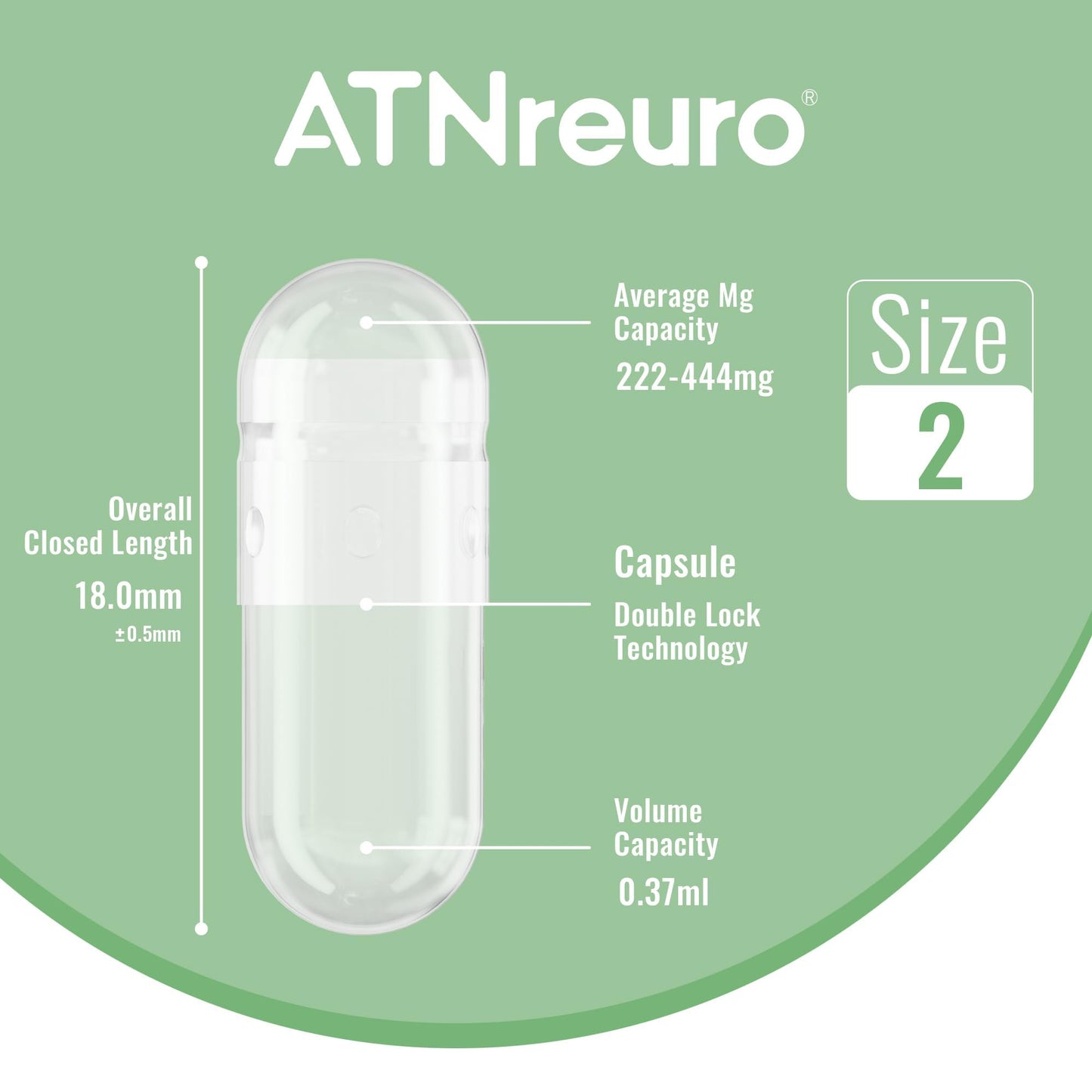 ATNreuro Empty Vegan Capsules Size 2, 100 Count