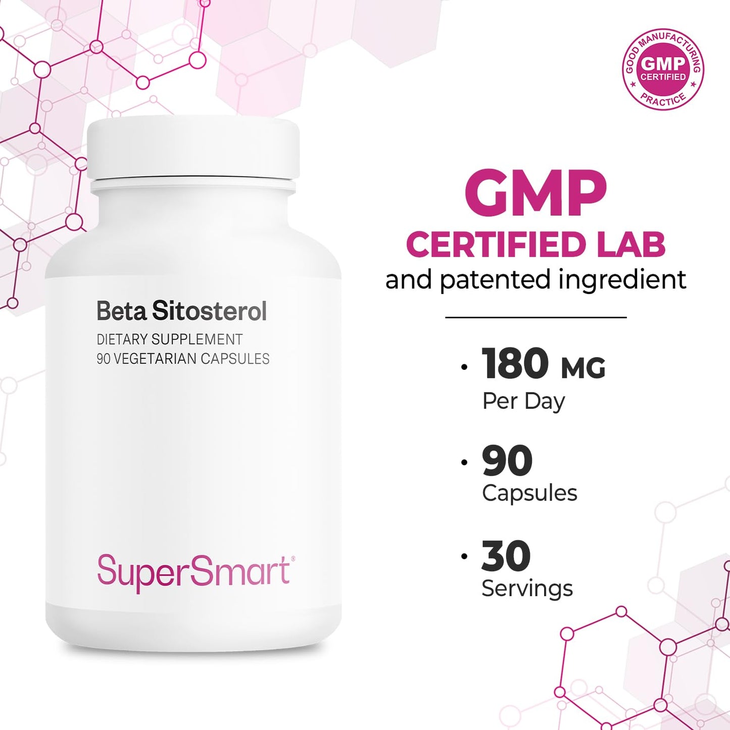 Supersmart Beta-Sitosterol Supplement 180mg per Day (Patented) - Plant Sterols - Beta-Sitosterol Extract for Men 90 Capsules
