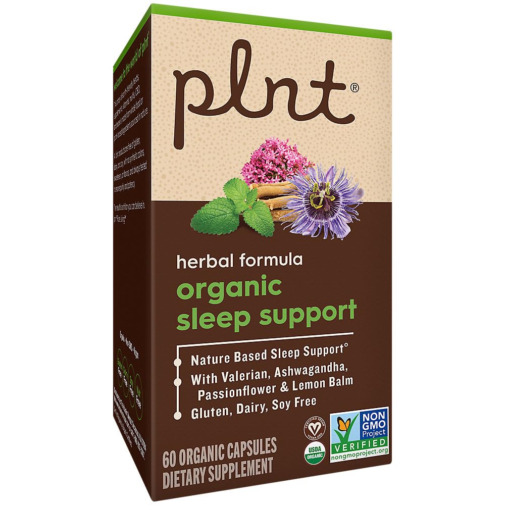 plnt Organic Sleep Support with Ashwagandha, Passionflower, and Lemon Balm Vegetarian Capsules, 60 Capsules