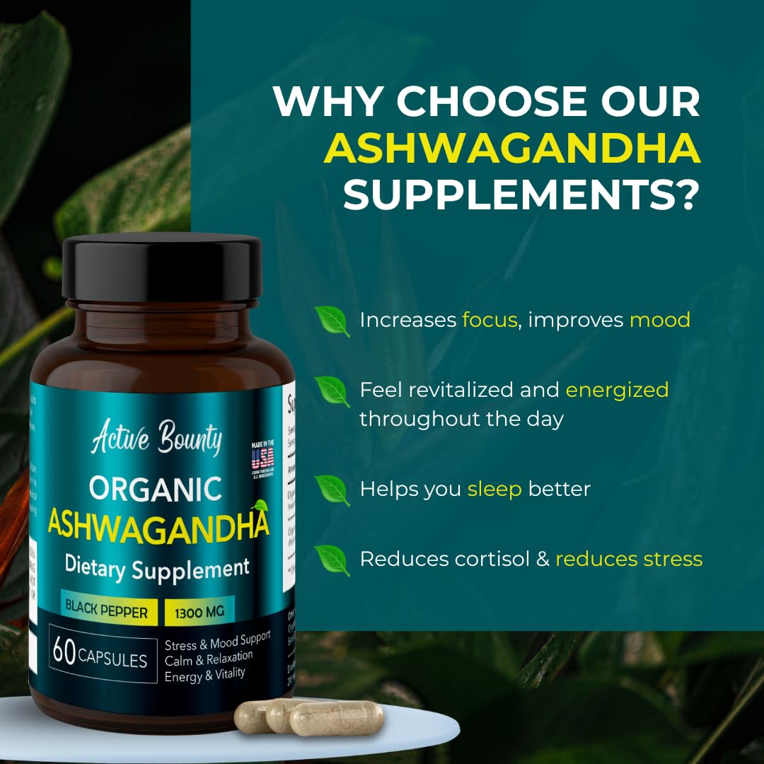 Active Bounty Organic Ashwagandha 1300mg with Black Pepper for Enhanced Absorption, 60 Capsules