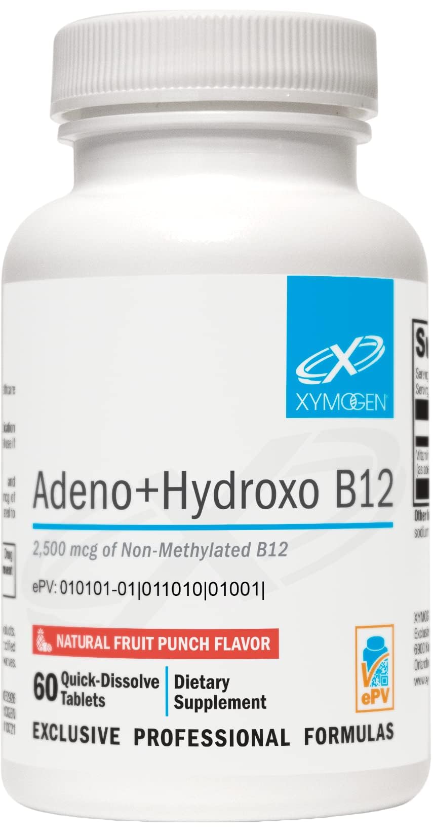 XYMOGEN Adeno+Hydroxo B12 2,500 mcg Non-Methylated Vitamin B12 - Nervous System & Cellular Energy Support - Quick-Dissolve Tablets - Fruit Punch Flavor - 60 Tablets