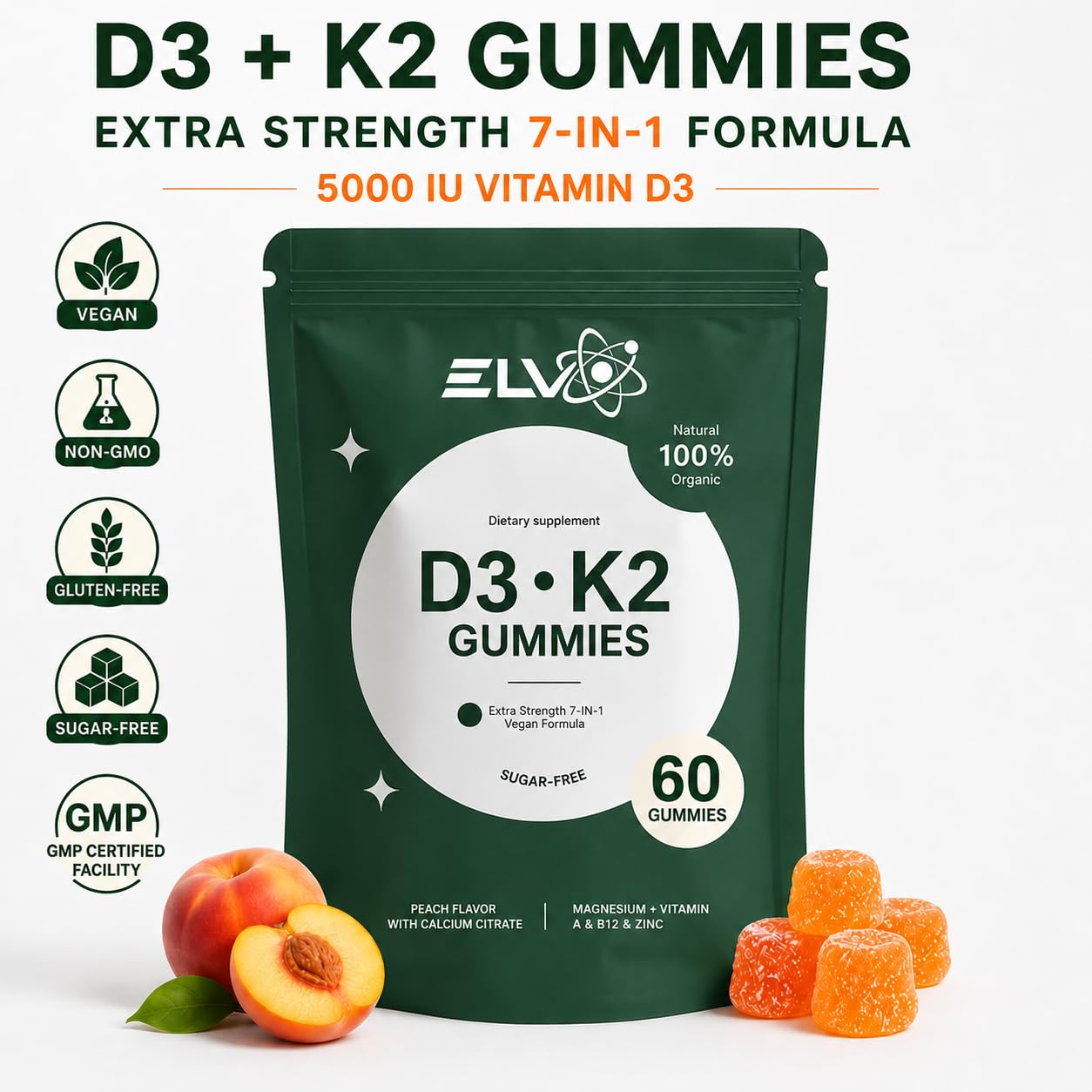 ELV Naturals D3 + K2 Gummies Vitamin D3 10000 IU with K2 MK-7, 60 Gummies