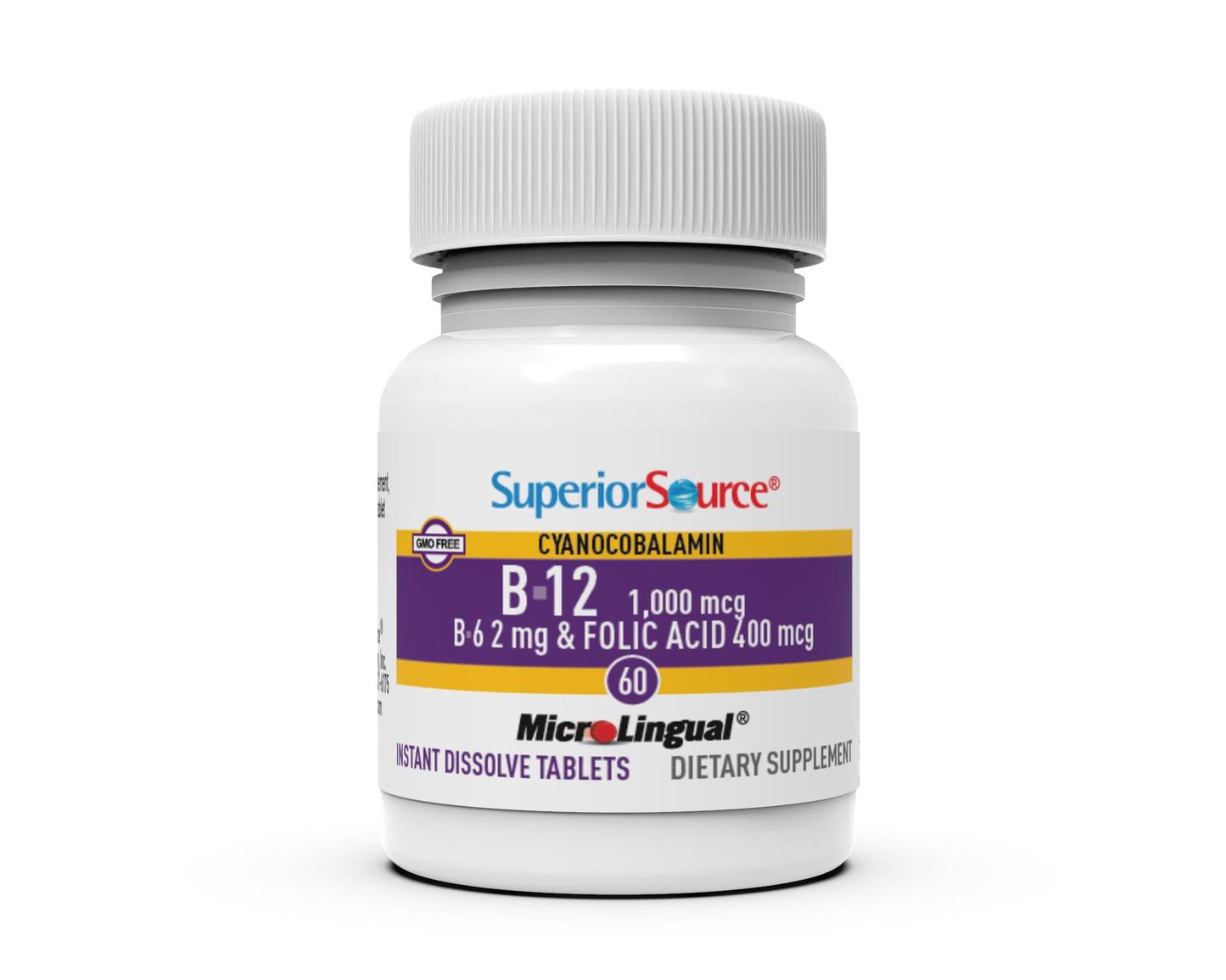 Superior Source No Shot Vitamin B-12 Cyanocobalamin 1000 mcg, B-6, Folic Acid 400 mcg, 60 Tablets
