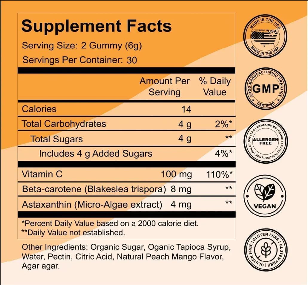 Bronze Bites Organic Tanning Gummies with Astaxanthin & Beta-Carotene, Peach Mango, 60 Count