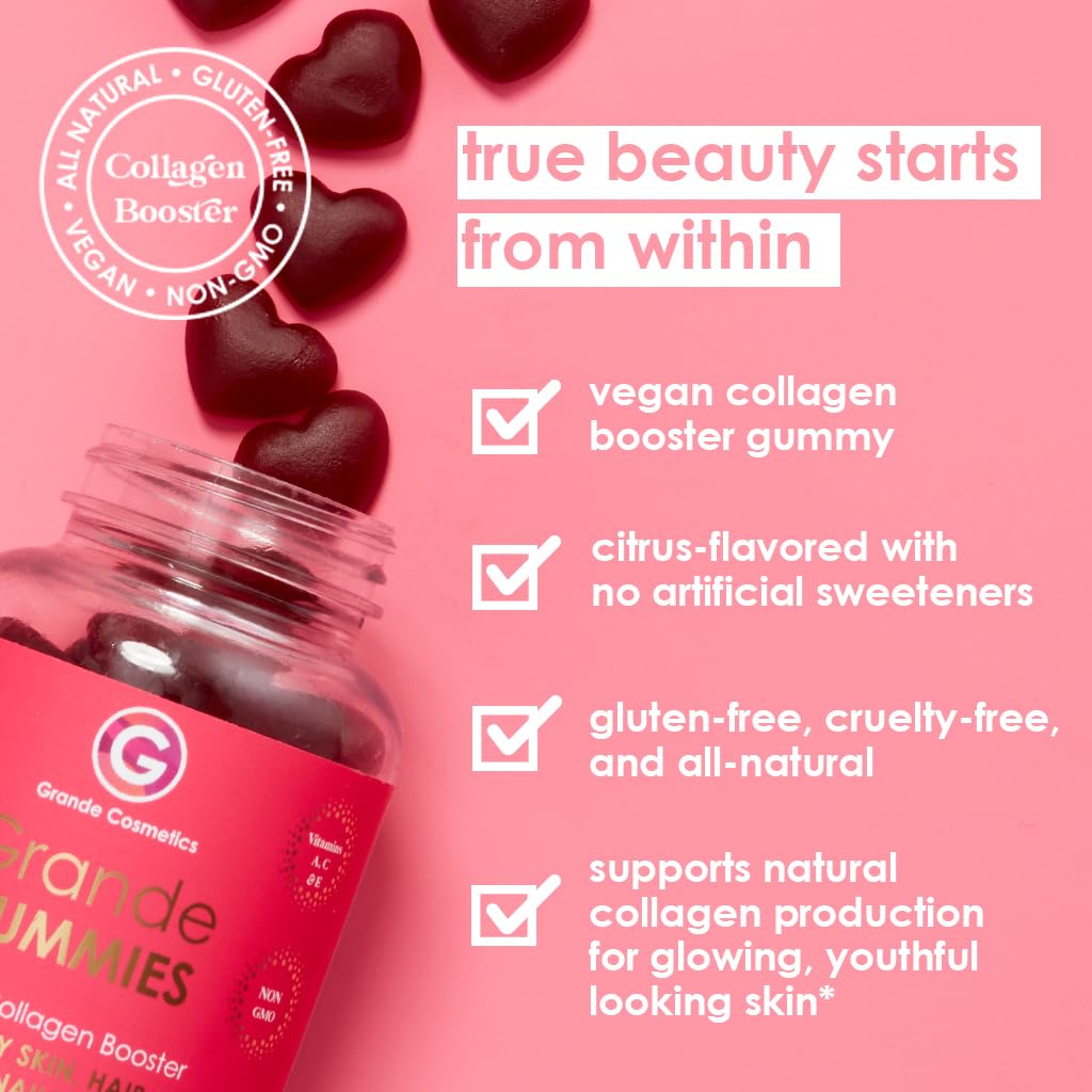 Grande Cosmetics Vegan Collagen Hair Vitamin Gummies with Biotin, Folic Acid & Vitamin C - for Healthier-Looking Hair, Skin, Lashes & Brows - Citrus Flavor, 60 Gummies