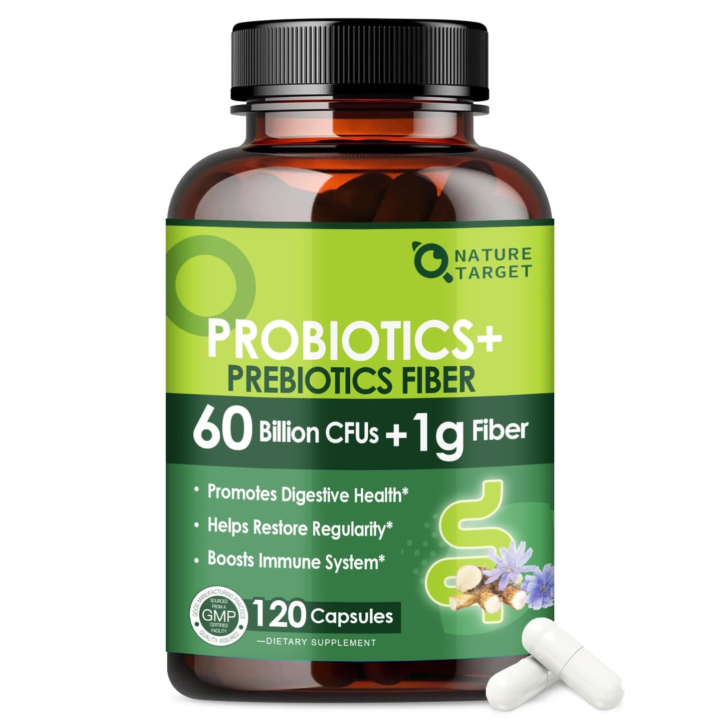 Nature Target Prebiotic Fiber Supplement with 60 Billion Probiotics for Digestive Health 120 Capsules