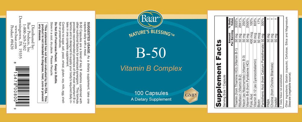 Baar B-50 Vitamin B Complex, 100 Veg Capsules