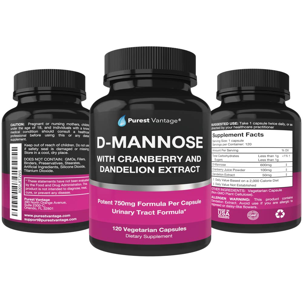 Purest Vantage D Mannose Capsules with 600mg D-Mannose per Capsule, Cranberry & Dandelion Extract for Bladder & Urinary Tract Support, 120 Veggie Caps