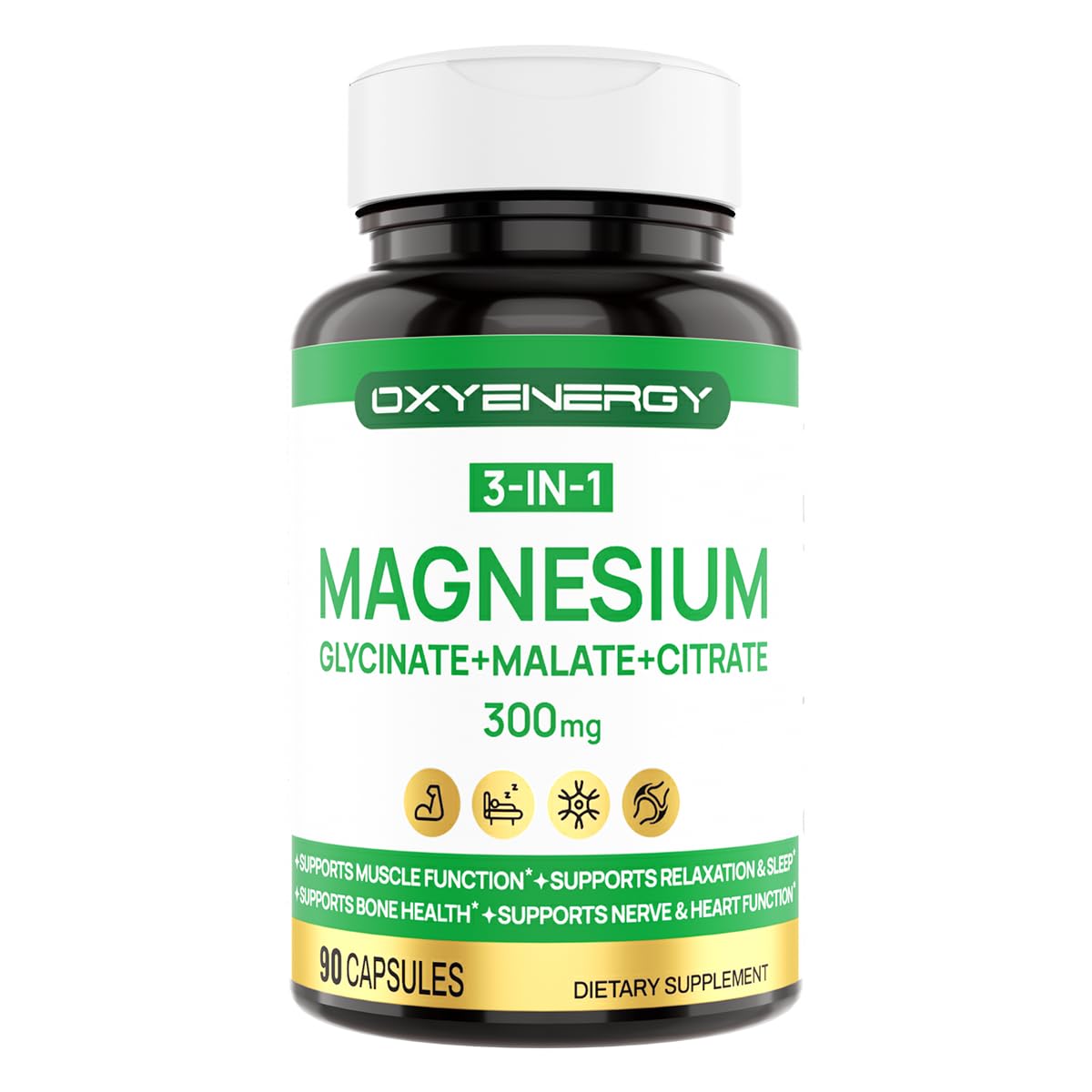 OxyEnergy Triple Magnesium Complex Supplement, 3 in 1 Chelated Magnesium (Glycinate, Malate, Citrate), 300 mg per Capsule, High Absorption, Vegan, 90 Capsules