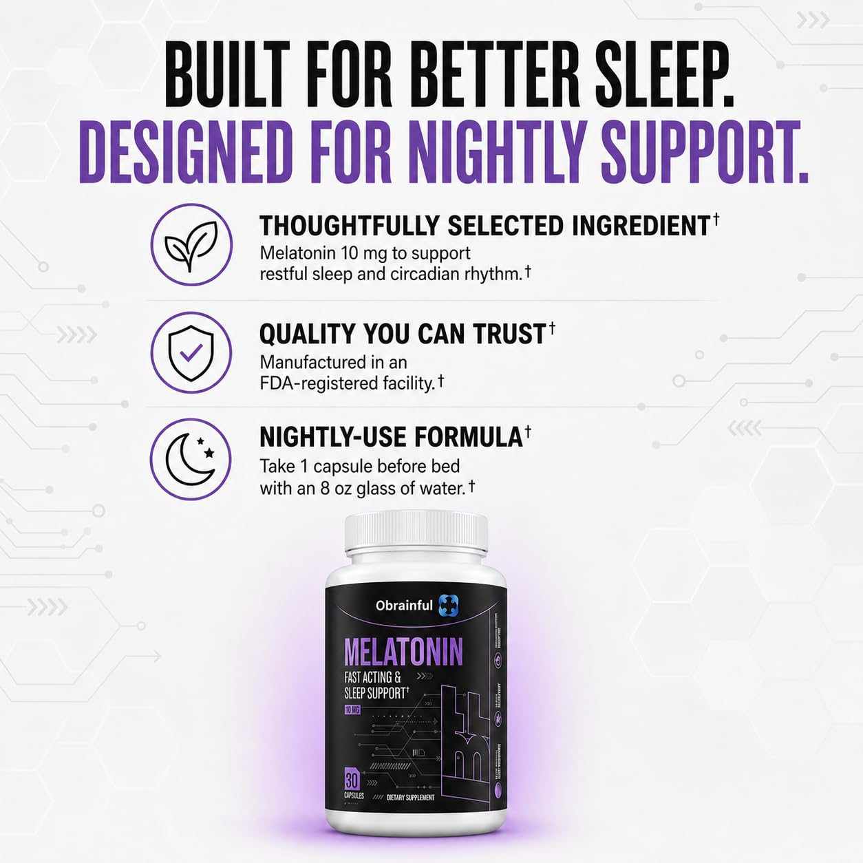 Obrainful Melatonin 10mg Capsules for Sleep Support & Nighttime Wellness, 30 Count