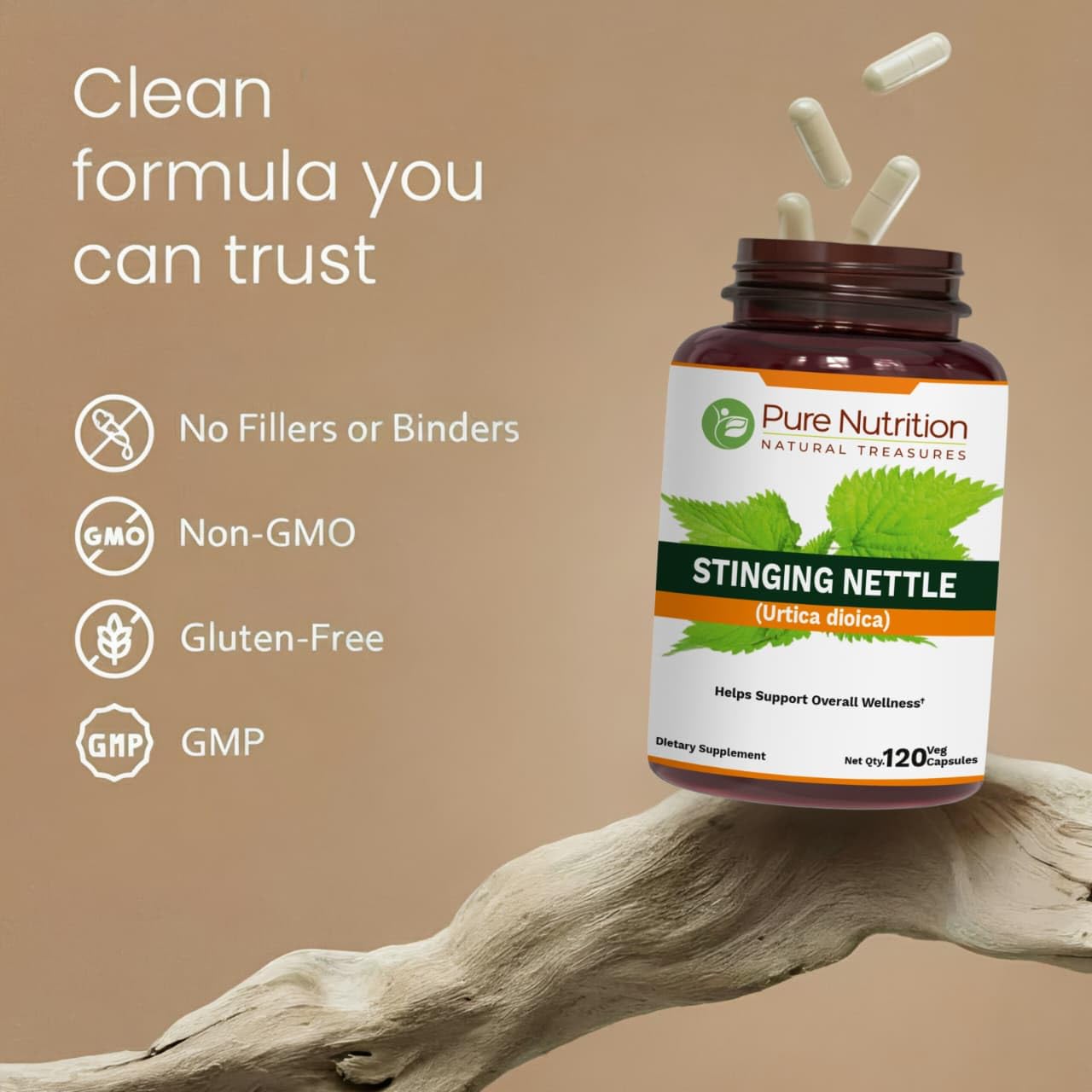Pure Nutrition Natural Treasures Stinging Nettle 20:1 Extract 500mg per Capsule, 120 Veg Caps